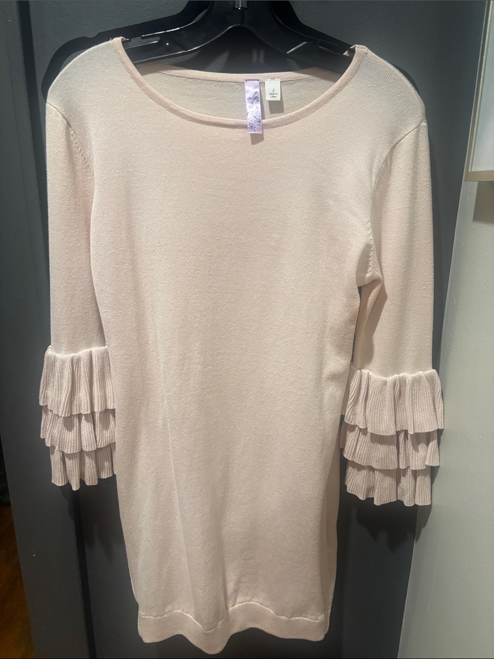 Alya Blush Pink Ruffle-Sleeve Knit Dress